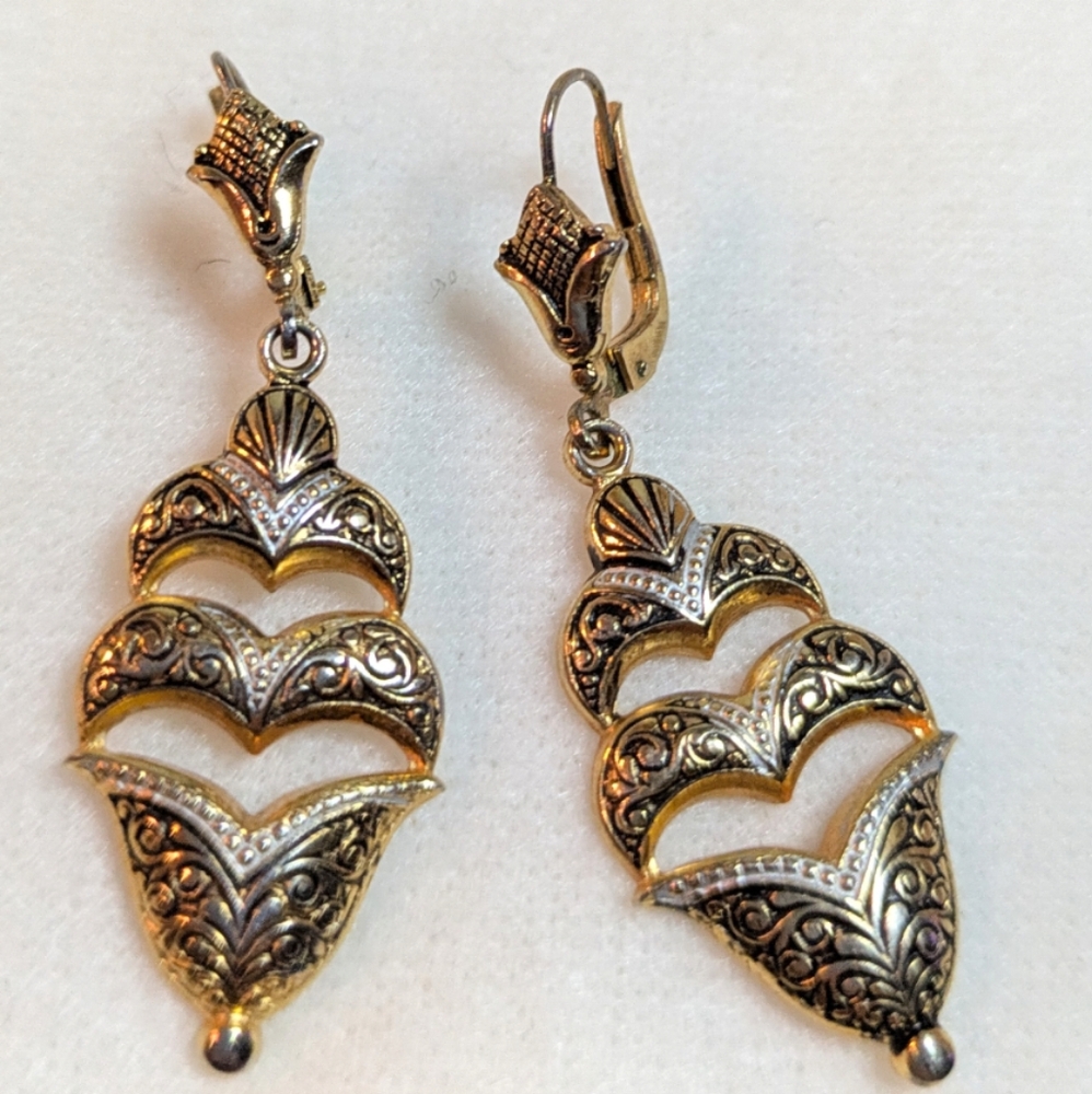 VINTAGE Spain, antique gold tone Pierced Dangling earrings marked Spain